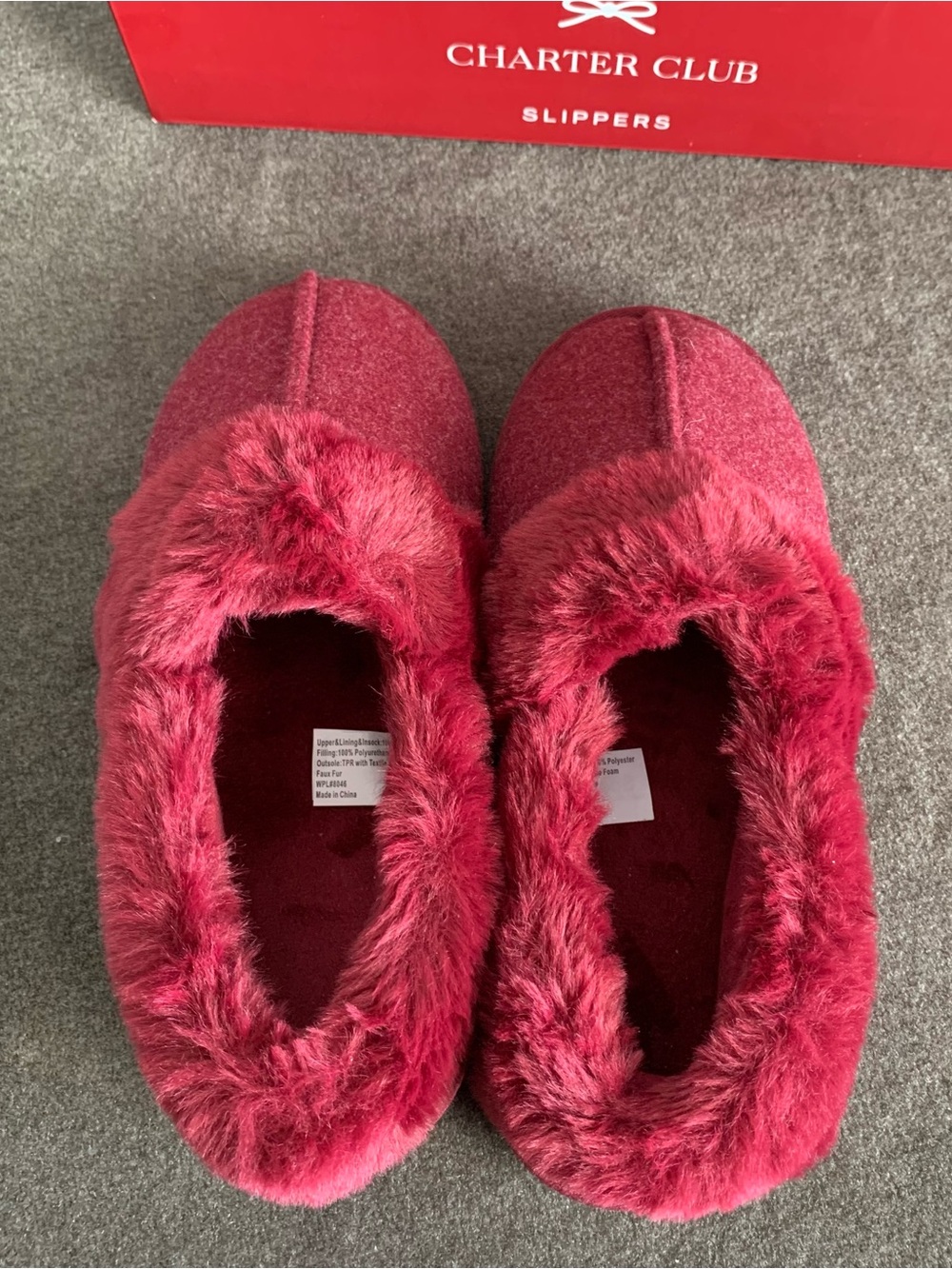 Charter Club Plush Faux-Fur Slip-On Slippers in Burgundy Red M 7-8